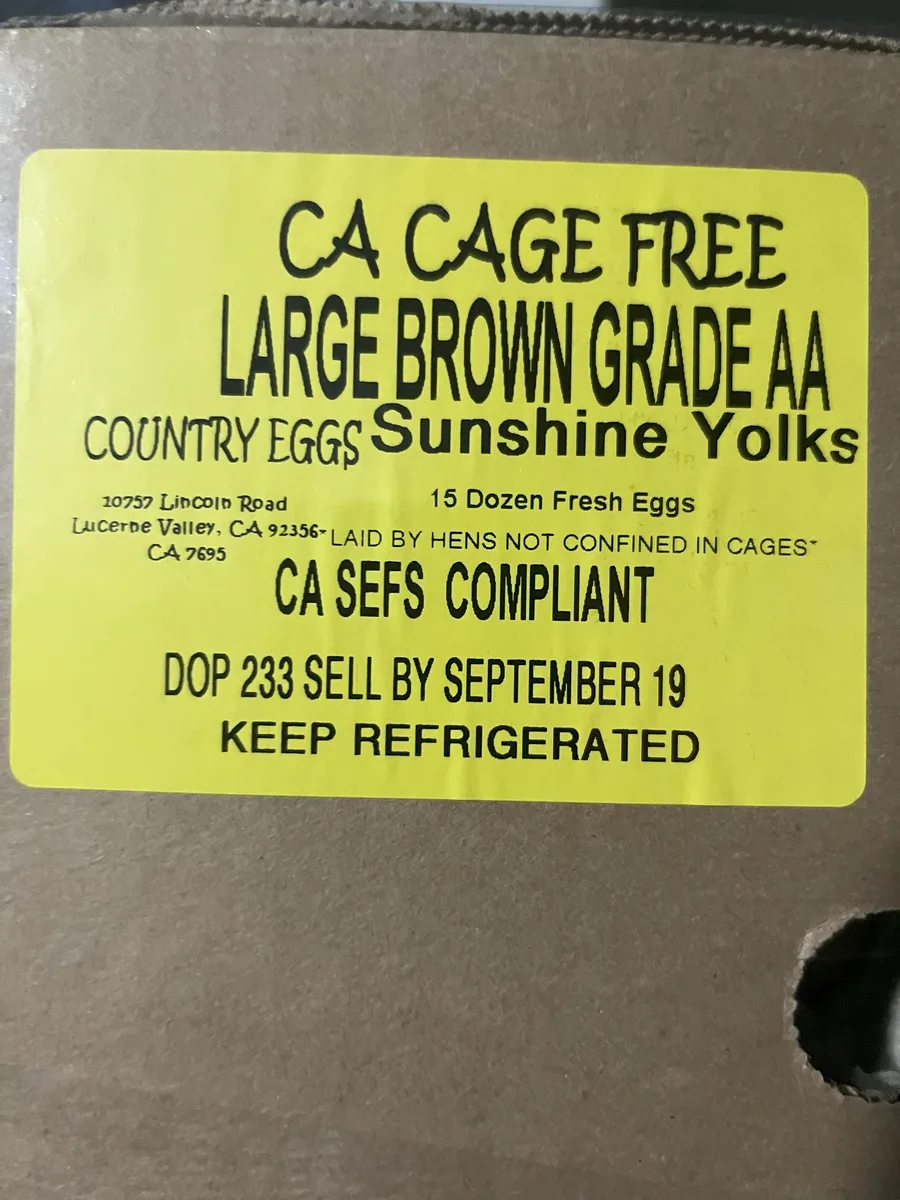 Country Eggs large brown "Sunshine Yolks" eggs in 15-dozen food service bulk cases