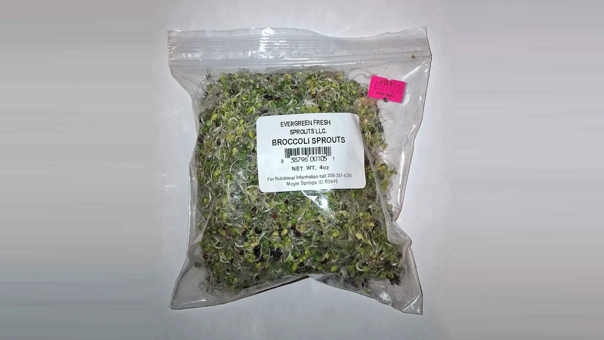 Recalled 4 oz bag of Evergreen Fresh Sprouts broccoli sprouts with UPC label