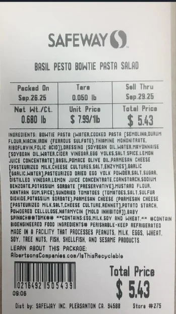 Safeway Ensalada de Pasta Bowtie con Pesto de Albahaca