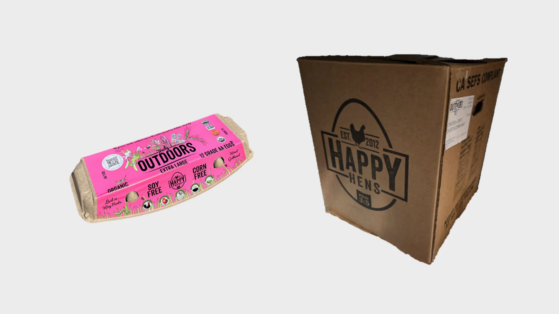 CDPH sample photos of a Happy Hens organic egg carton and shipping case