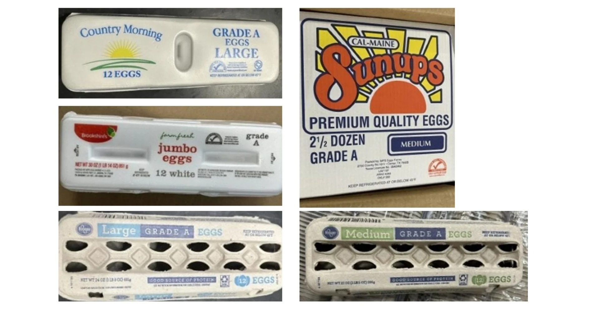 Five recalled shell egg cartons showing brand labels and package sizes
