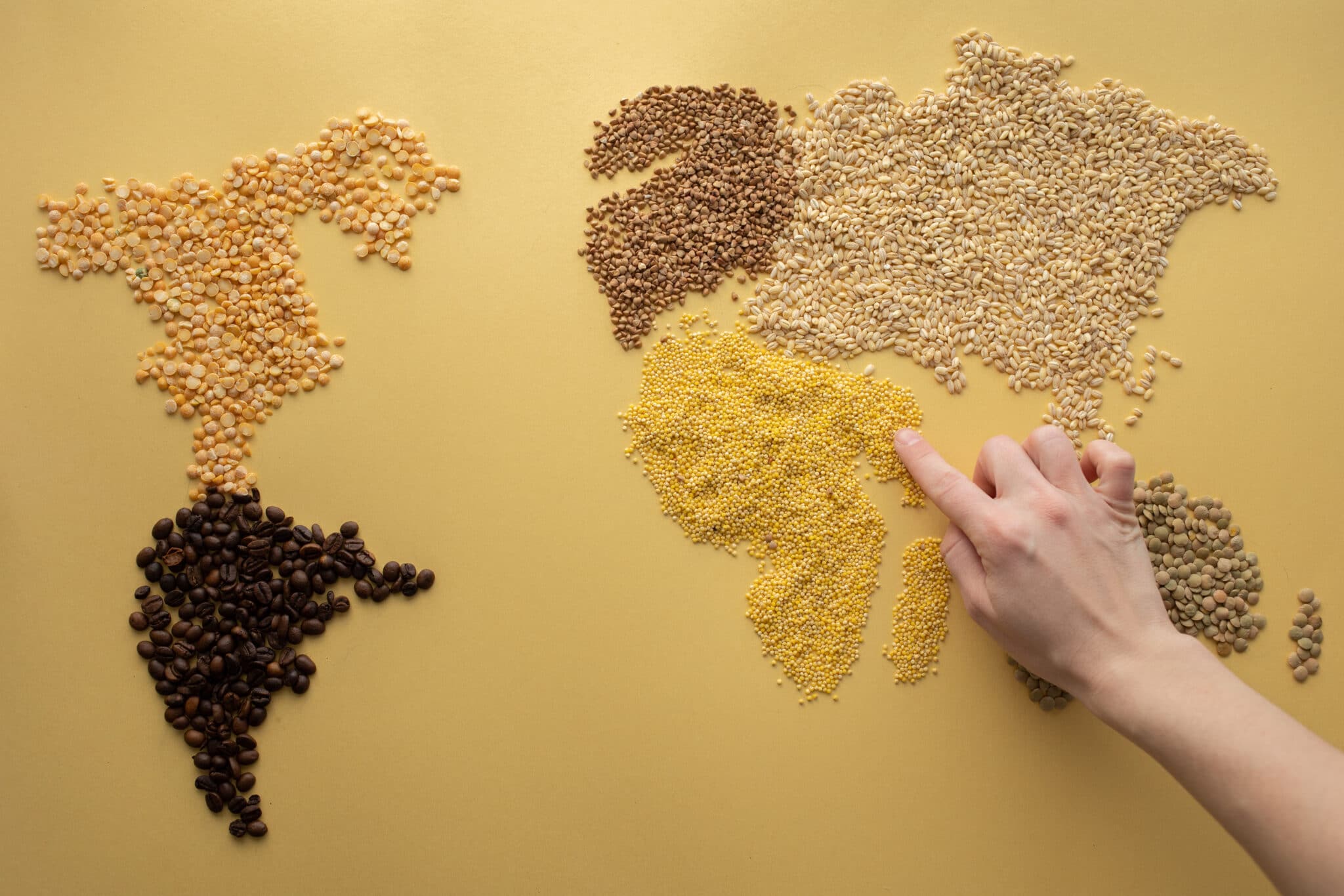Anonymous person making world map with cereals and coffee beans