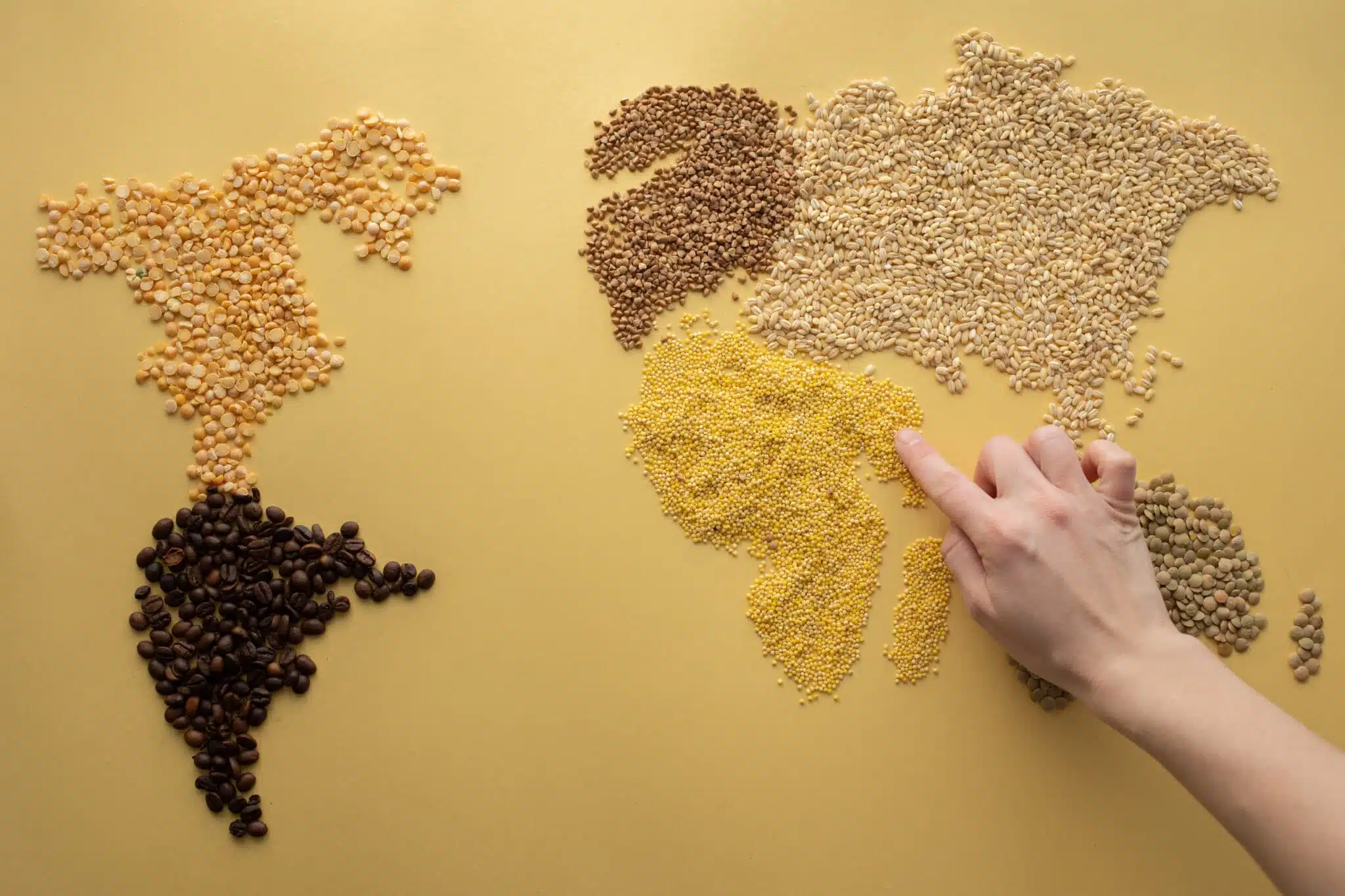 An anonymous person making world map with cereals and coffee beans